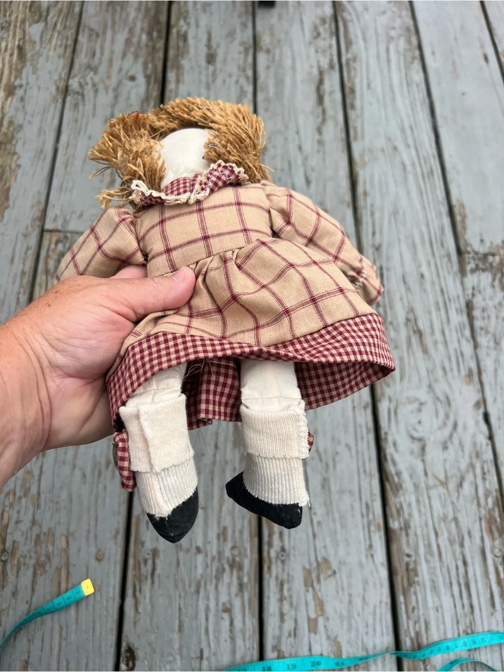 Vintage Beige and Burgundy Plaid Cloth Doll